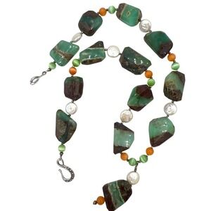 Chrysoprase Nugget Chunky Necklace‎ 925 Hook Faux Pearls Agate Glass Beads 18"